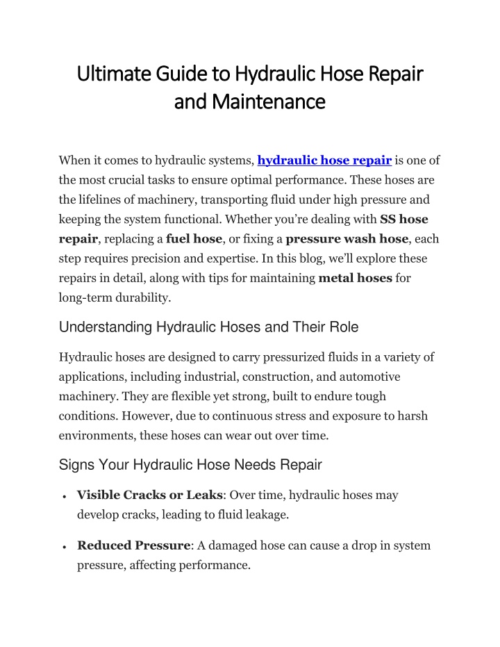 Ppt Ultimate Guide To Hydraulic Hose Repair And Maintenance