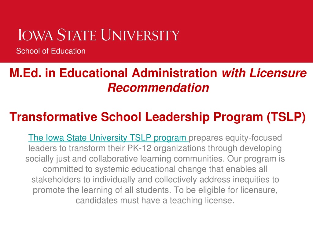 transformative school leadership program at iowa state universi