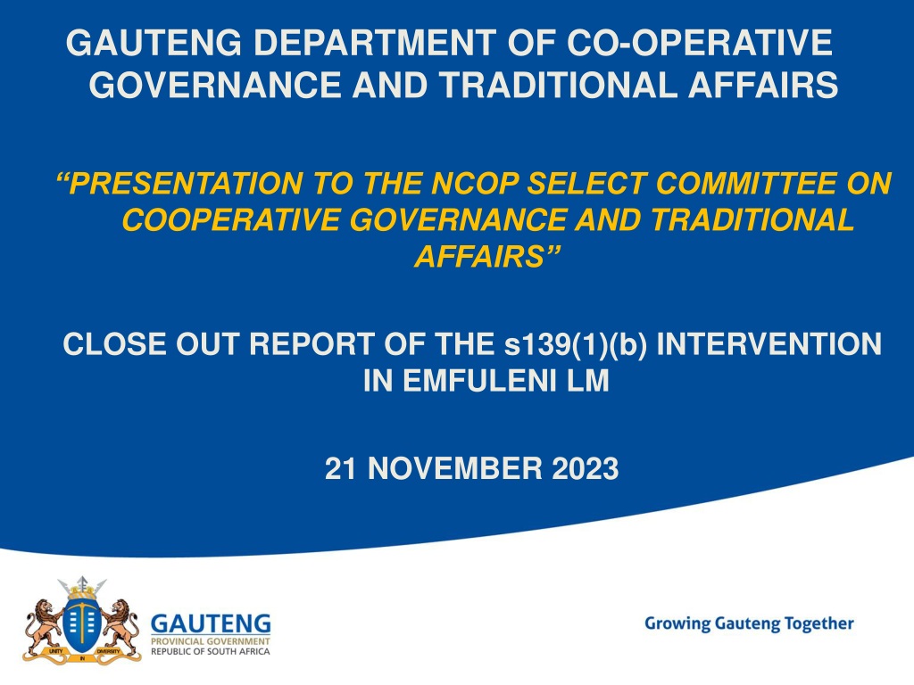 Close-out Report of s139(1)(b) Intervention in Emfuleni Local Municipality