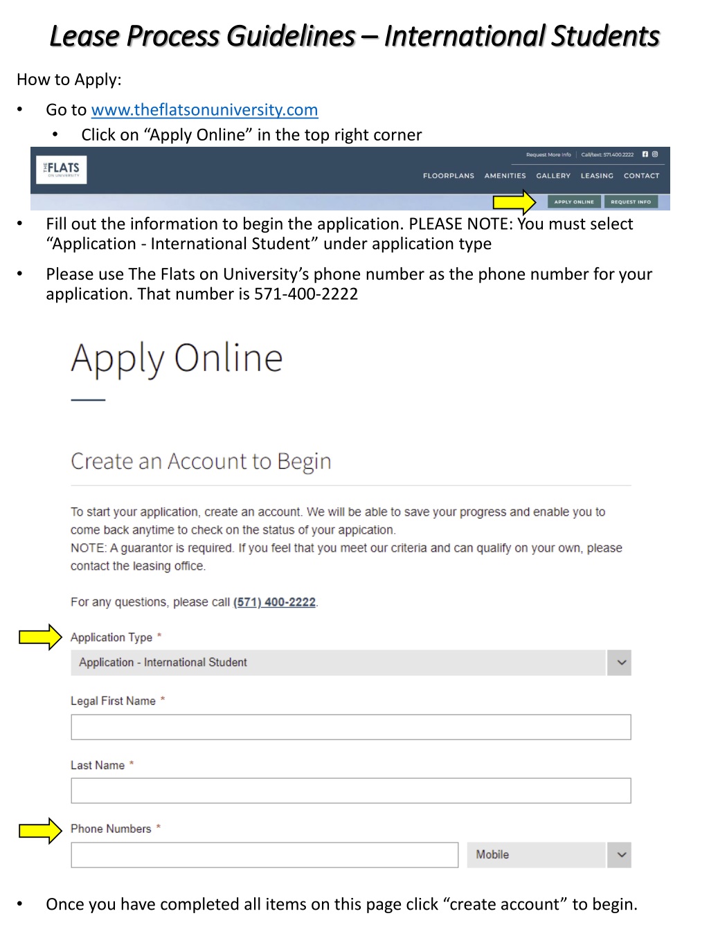 International Student Lease Application Guidelines at The Flats on University