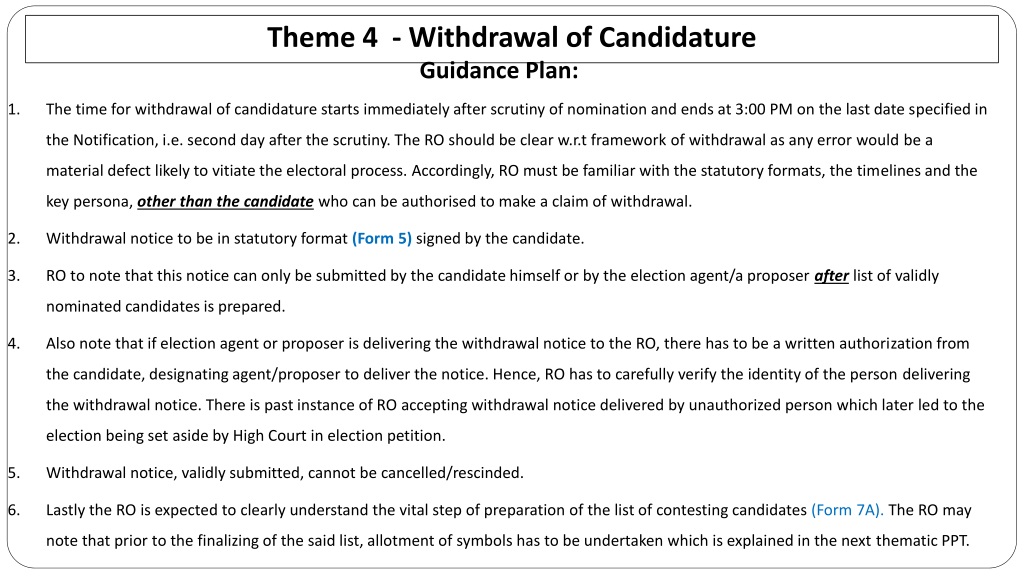 guidelines for withdrawal of candidature in electoral proce