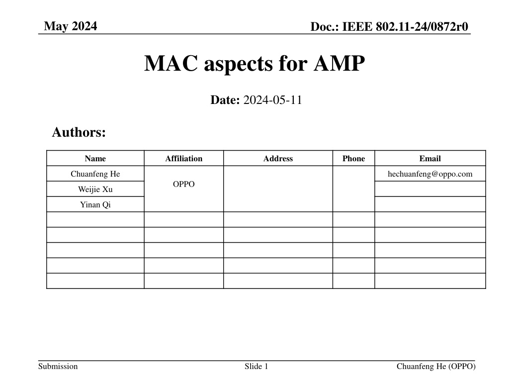 IEEE 802.11-24/0872r0: MAC Aspects for AMP in May 2024