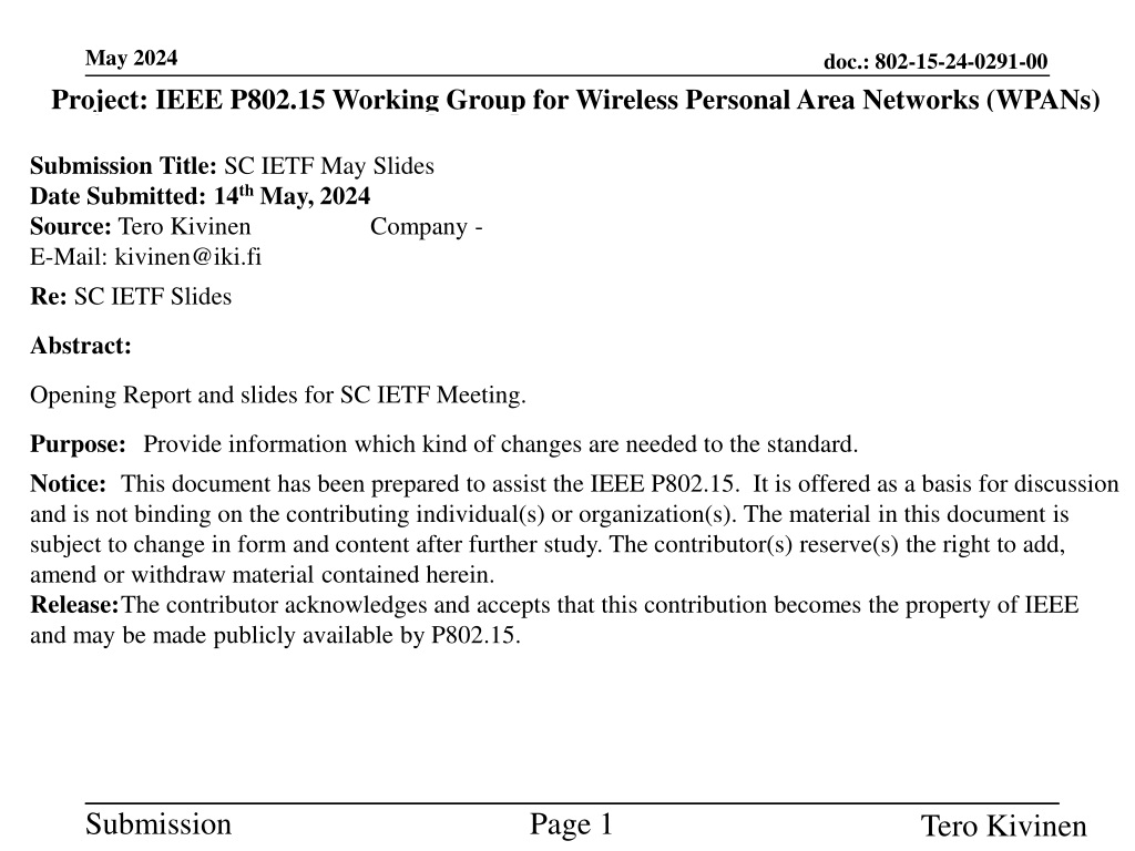 IEEE P802.15 Report on SC IETF Meeting Slides May 2024
