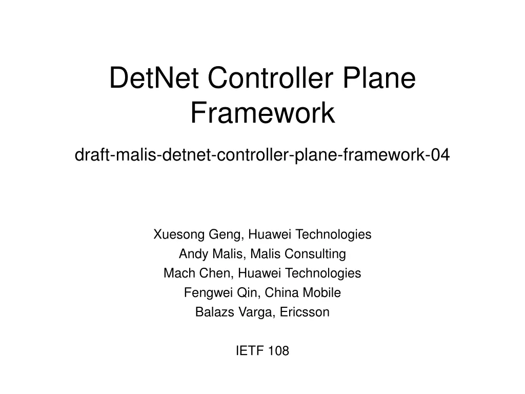DetNet Controller Plane Framework Summary