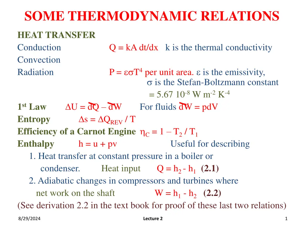 Thermodynamic Relations and Heat Transfer in Engineering Systems