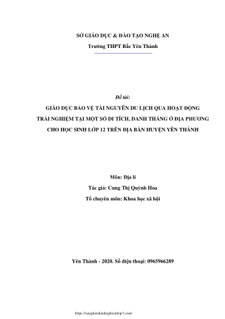 Bảo vệ tài nguyên du lịch qua HĐTN tại di tích, danh thắng địa phương cho HS 12