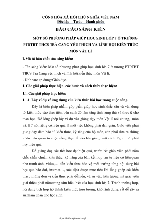 Một số phương pháp giúp học sinh Lớp 7 ở THCS Trà Cang yêu thích môn Vật lí