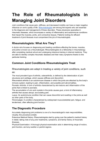 The Role of Rheumatologists in Managing Joint Disorders