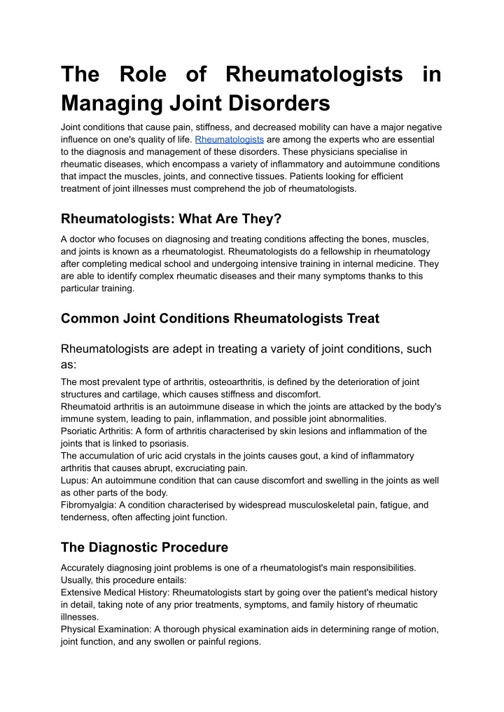 the role of rheumatologists in managing joint