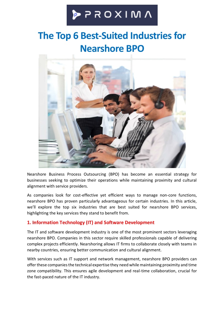 the top 6 best suited industries for nearshore bpo