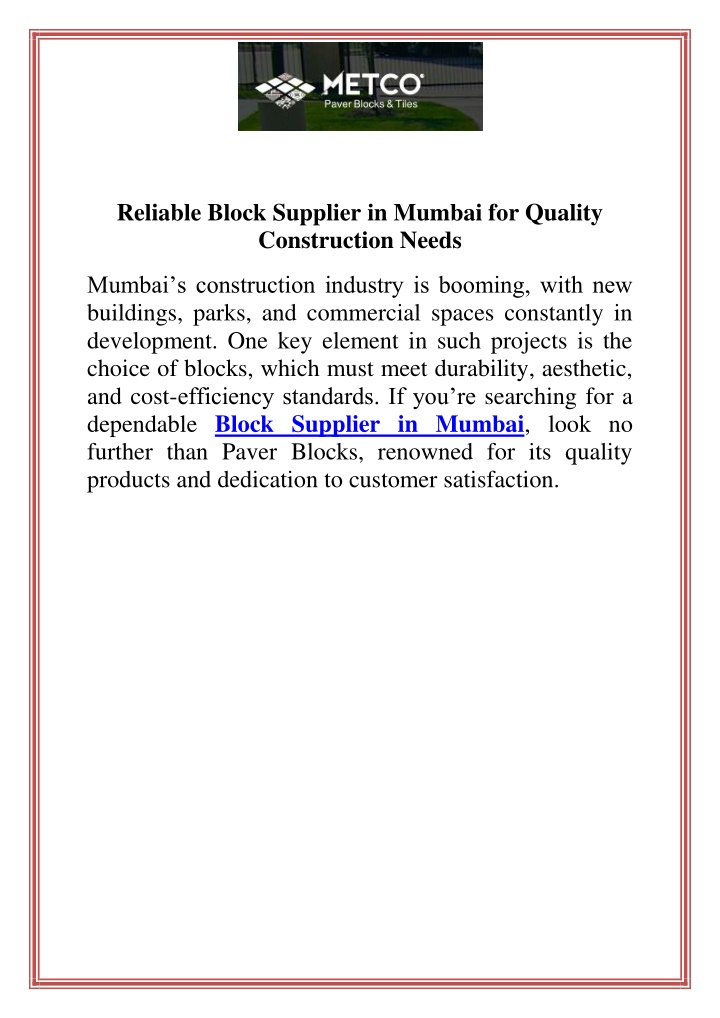 reliable block supplier in mumbai for quality