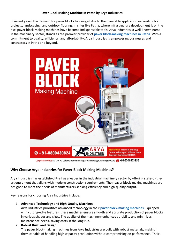 paver block making machine in patna by arya