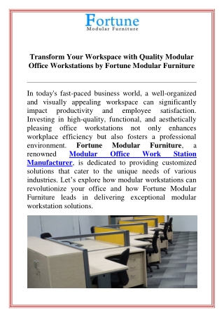 Transform Your Workspace with Quality Modular Office Workstations by Fortune Modular Furniture