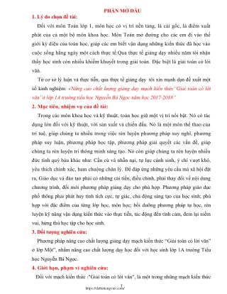 Nâng cao chất lượng giảng dạy mạch kiến thức “Giải toán có lời văn” ở Lớp 1A