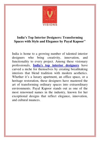 India’s Top Interior Designers Transforming Spaces with Style and Elegance by Payal Kapoor