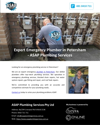 Expert Emergency Plumber in Petersham - ASAP Plumbing Services