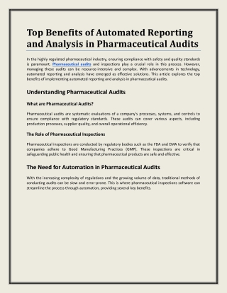 Top Benefits of Automated Reporting and Analysis in Pharmaceutical Audits