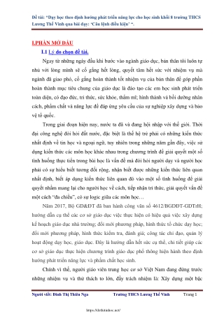 Dạy học theo định hướng PTNL cho học sinh Khối 8 qua bài dạy Câu lệnh điều kiện