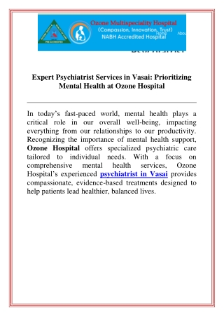 Expert Psychiatrist Services in Vasai Prioritizing Mental Health at Ozone Hospital