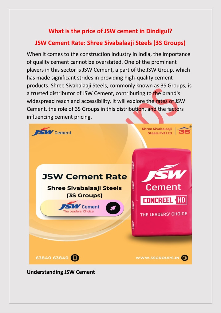 what is the price of jsw cement in dindigul