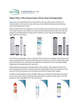 Water Filters: Why Choose Green-Tak for Clean Drinking Water