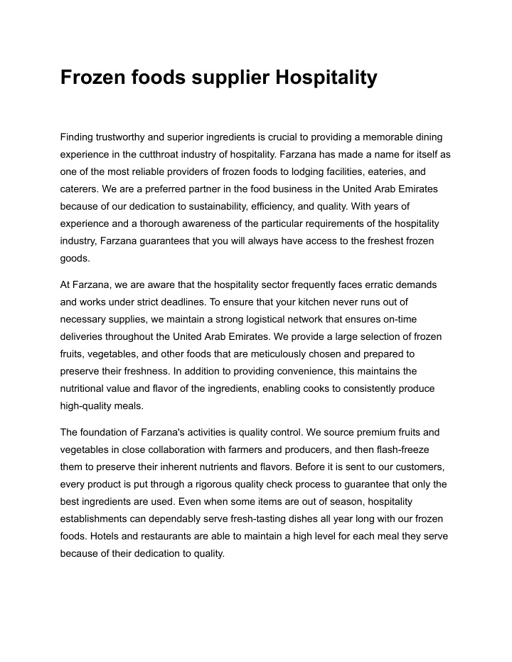 frozen foods supplier hospitality