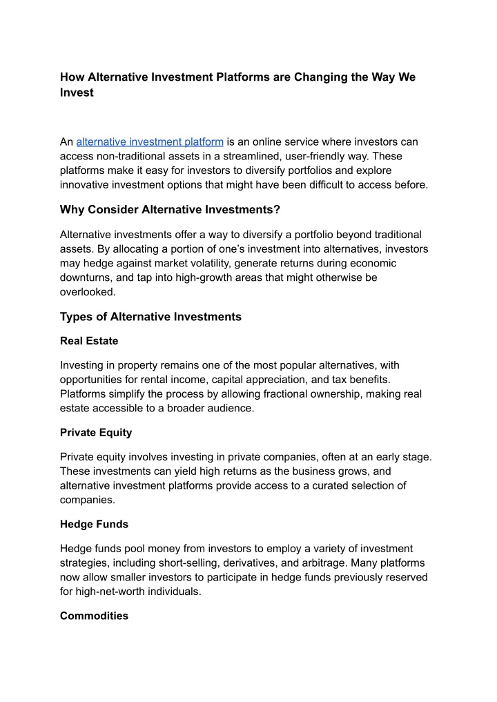 how alternative investment platforms are changing