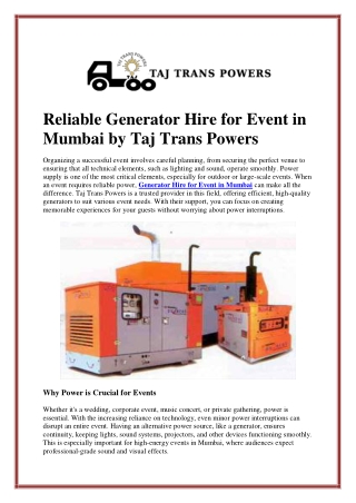 Reliable Generator Hire for Event in Mumbai by Taj Trans Powers