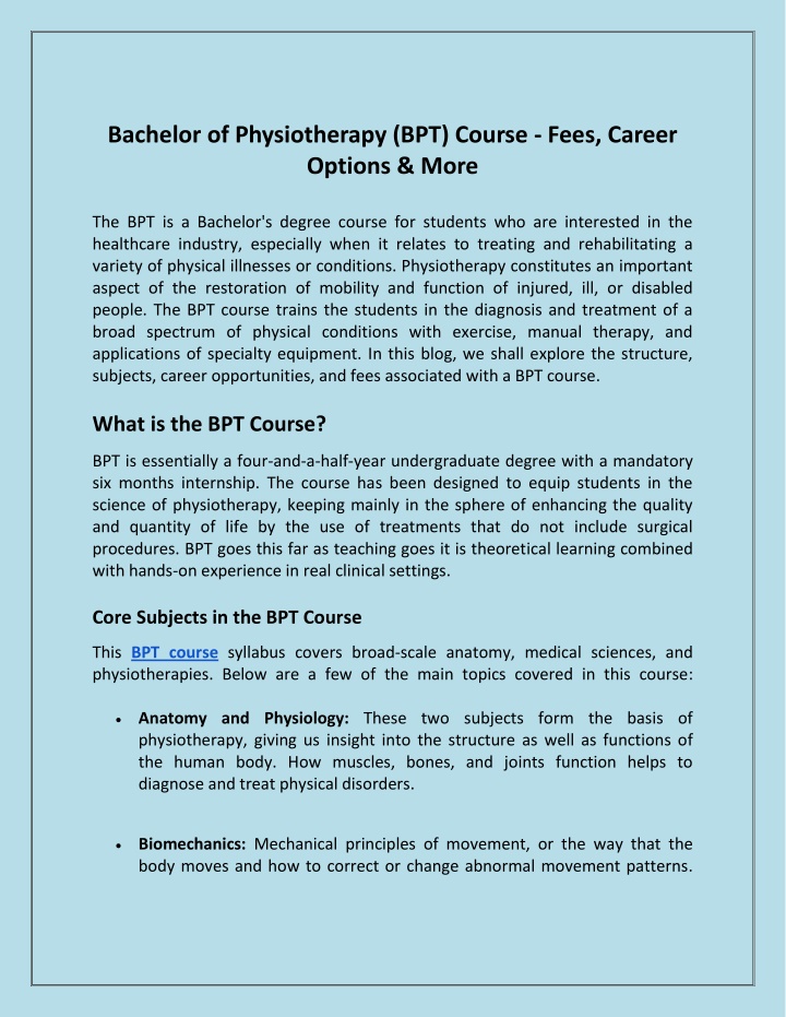 bachelor of physiotherapy bpt course fees career