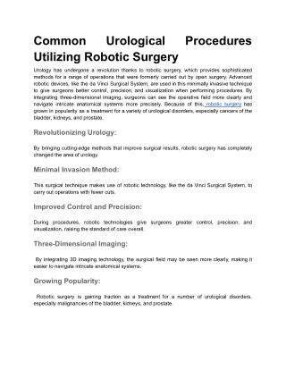 Common Urological Procedures Utilizing Robotic Surgery