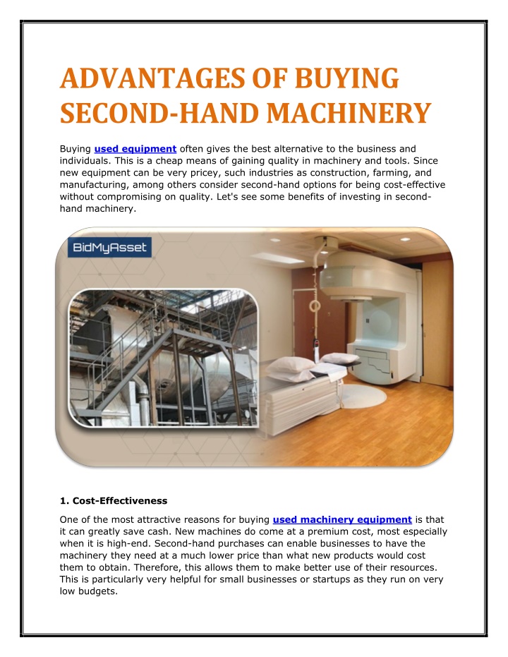 advantages of buying second hand machinery