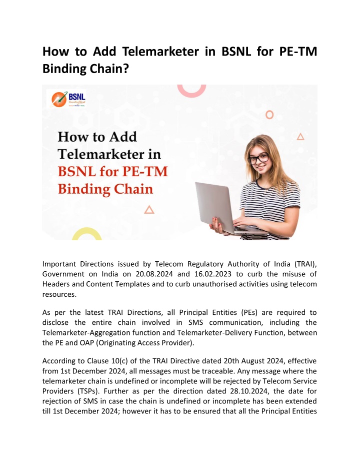 how to add telemarketer in bsnl for pe tm binding