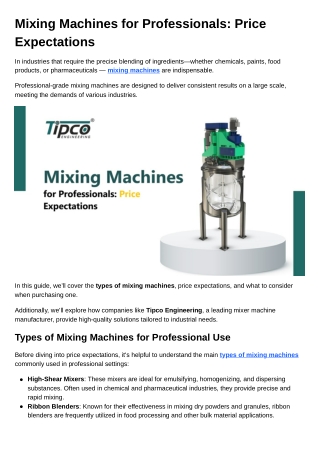 Mixing Machines for Professionals Price Expectations