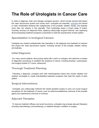 The Role of Urologists in Cancer Care