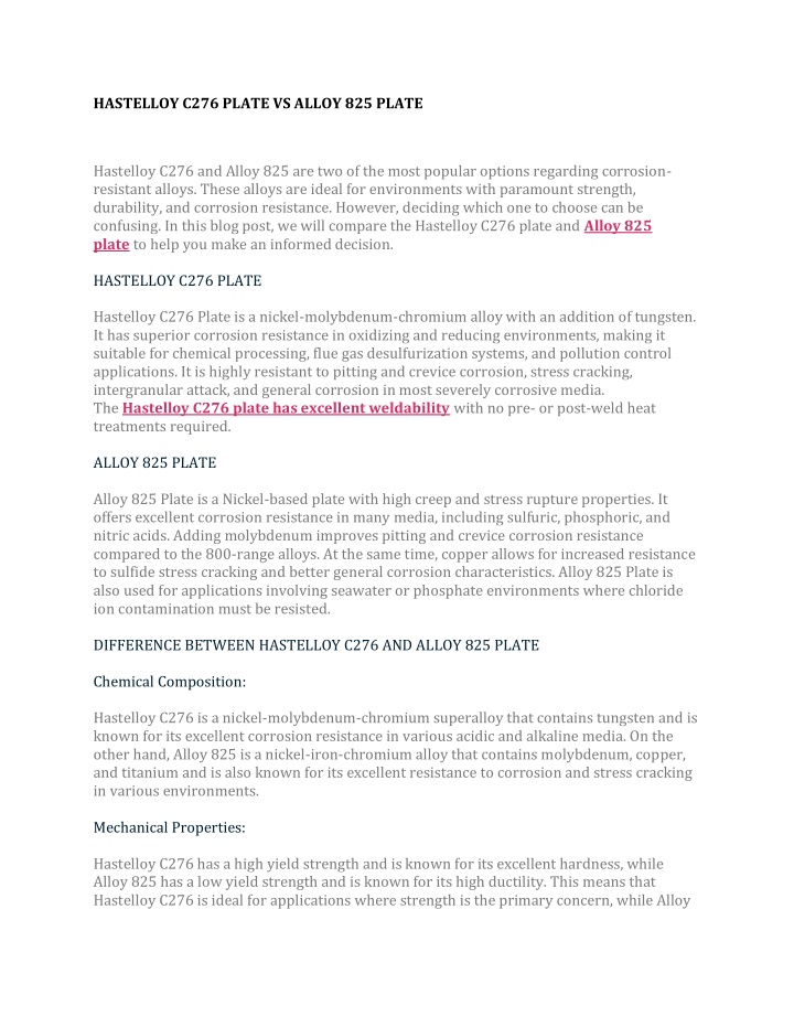 hastelloy c276 plate vs alloy 825 plate