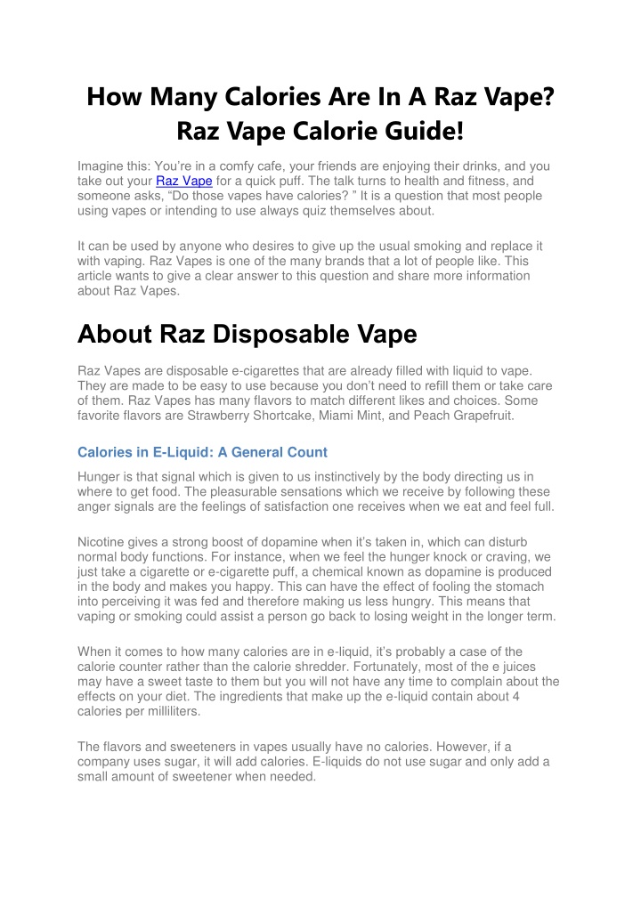 how many calories are in a raz vape raz vape