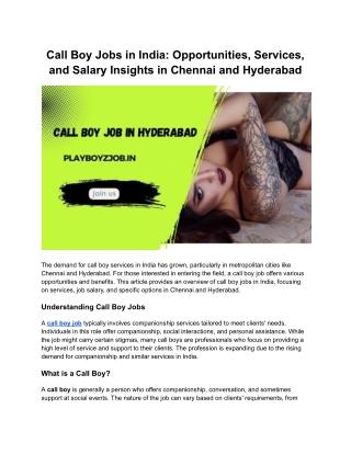 Call Boy Jobs in India: Opportunities, Services, and Salary Insights in Chennai