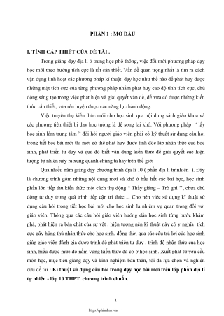 Kĩ thuật sử dụng câu hỏi trong dạy bài mới trên lớp phần địa lí tự nhiên, Lớp 10