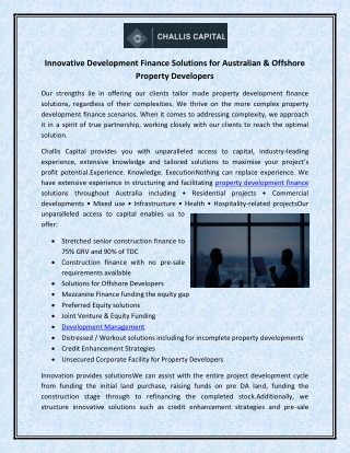 Innovative Development Finance Solutions for Australian & Offshore Property Developers