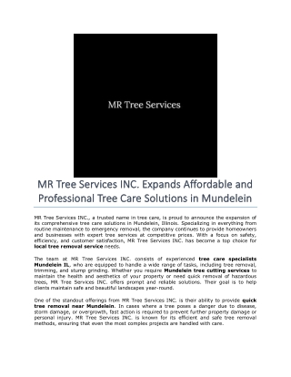 MR Tree Services INC. Expands Affordable and Professional Tree Care Solutions in Mundelein