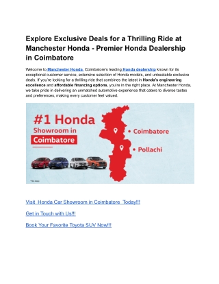 Explore Exclusive Deals for a Thrilling Ride at Manchester Honda - Premier Honda Dealership in Coimbatore