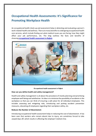 Occupational Health Assessments It’s Significance for Promoting Workplace Health