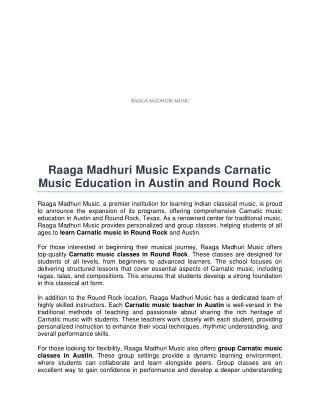 Raaga Madhuri Music- Expands Carnatic Music Education in Austin and Round Rock