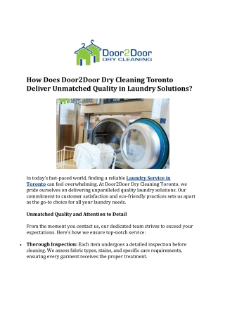 How Does Door2Door Dry Cleaning Toronto Deliver Unmatched Quality in Laundry