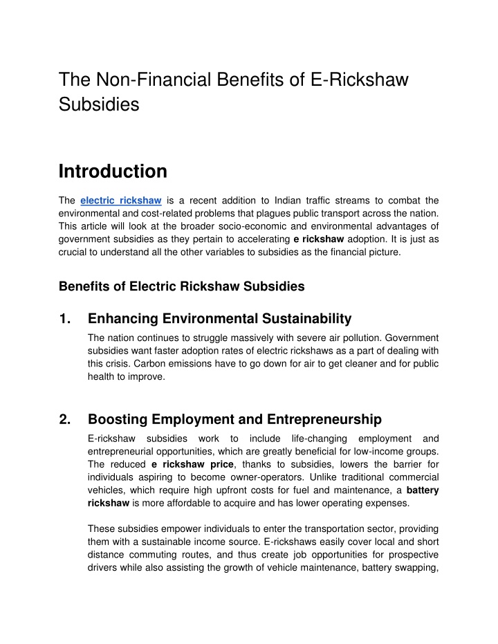 the non financial benefits of e rickshaw subsidies