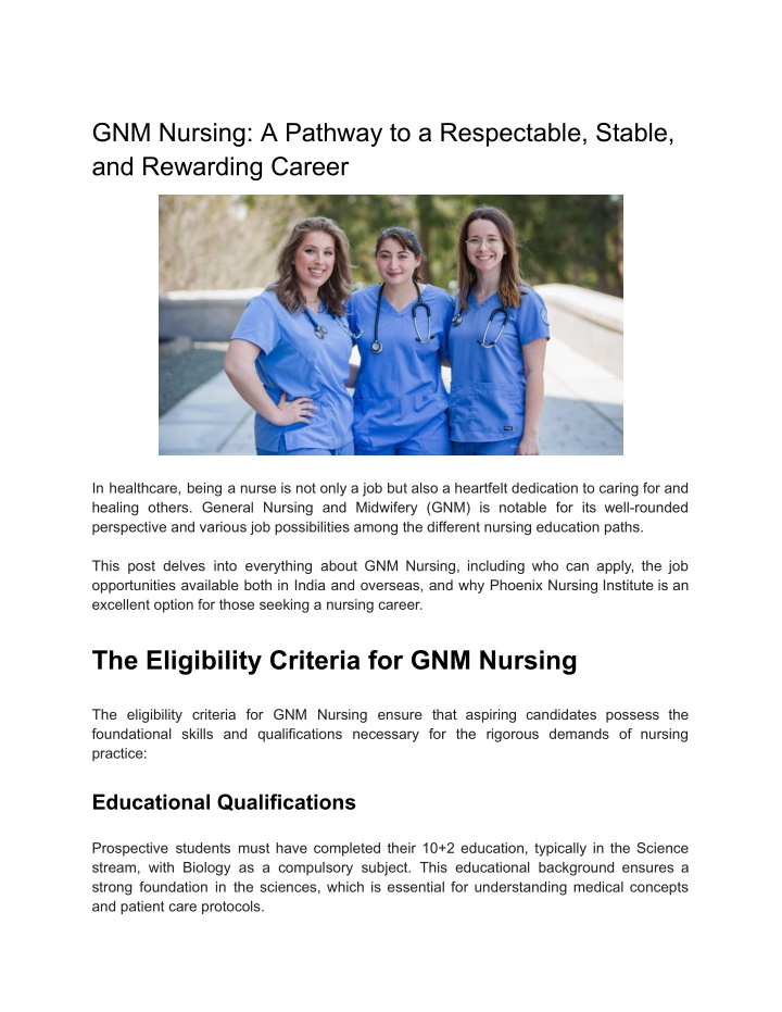 gnm nursing a pathway to a respectable stable