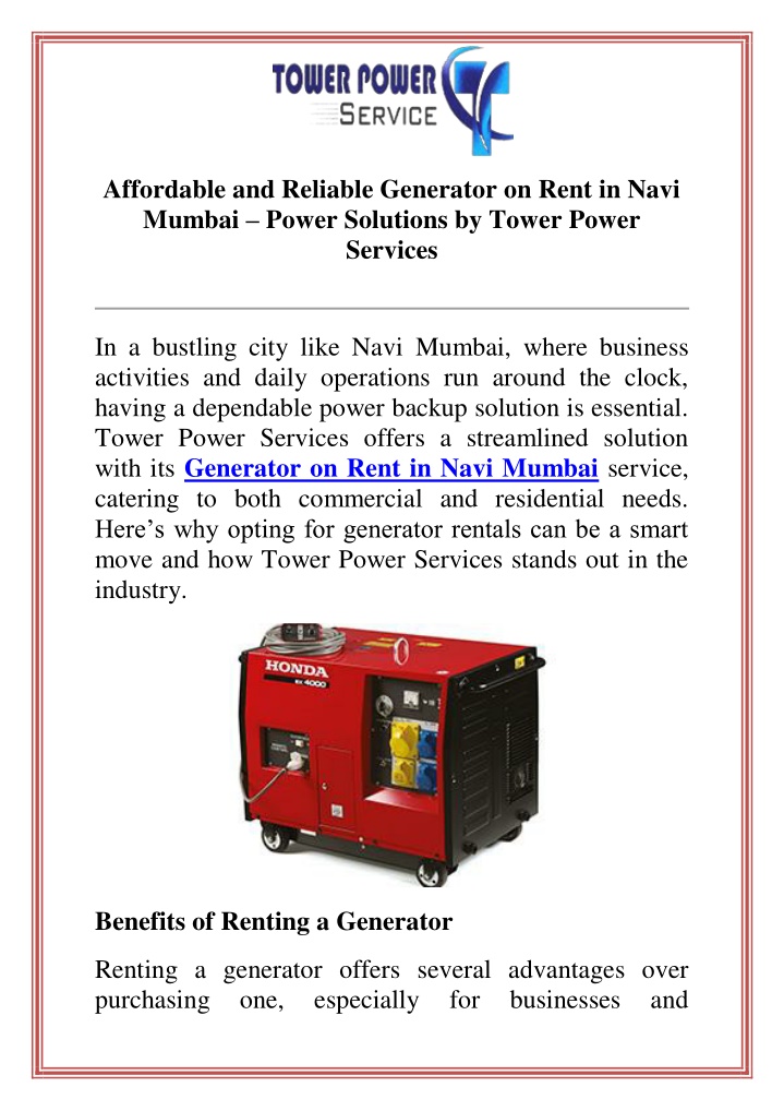 affordable and reliable generator on rent in navi