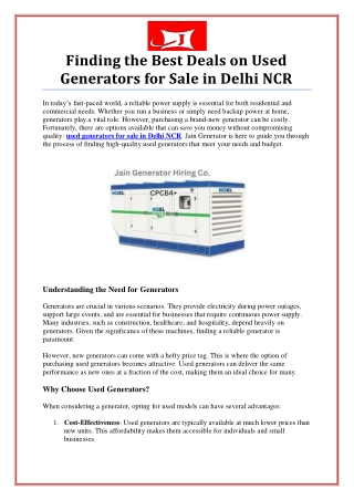 Quality Used Generators for Sale in Delhi NCR – Power Up Your Life!