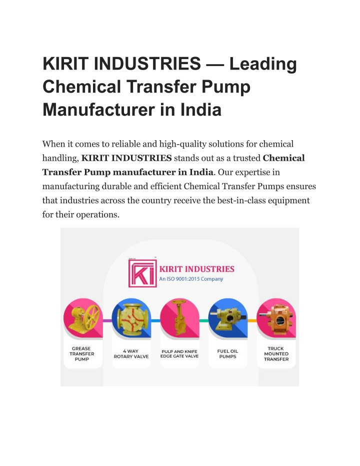 kirit industries leading chemical transfer pump