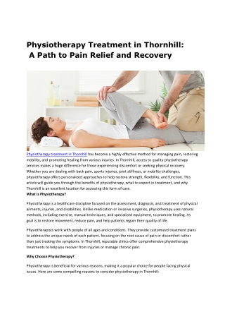 Physiotherapy Treatment in Thornhill:  A Path to Pain Relief and Recovery